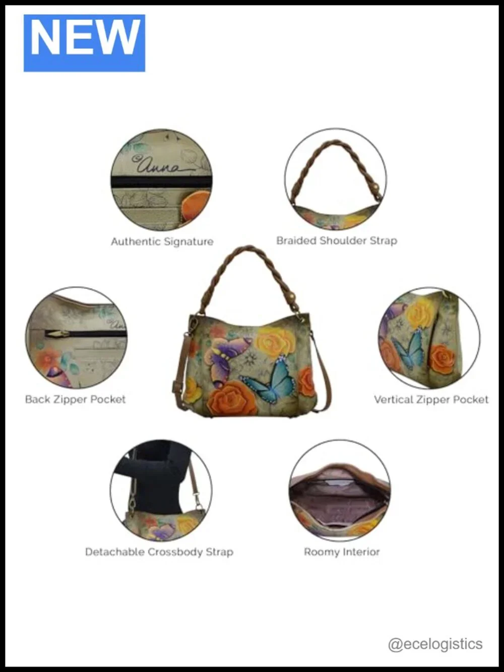 Handmade Leather Slim Shoulder Bag Satchel Purse - Floral Artwork